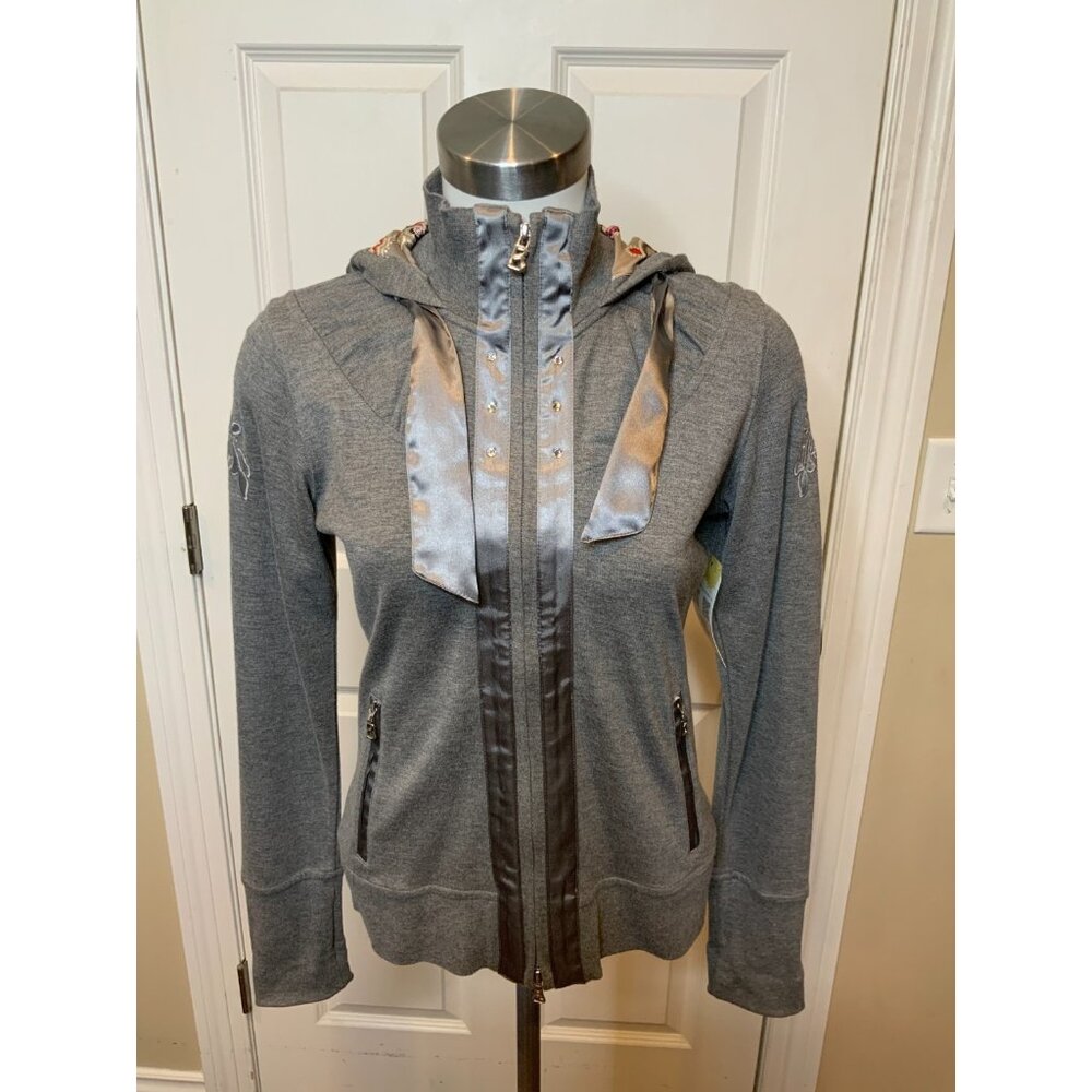 Bogner Gray Zip-Up Hoodie Jewel Satin Trim, Size Small